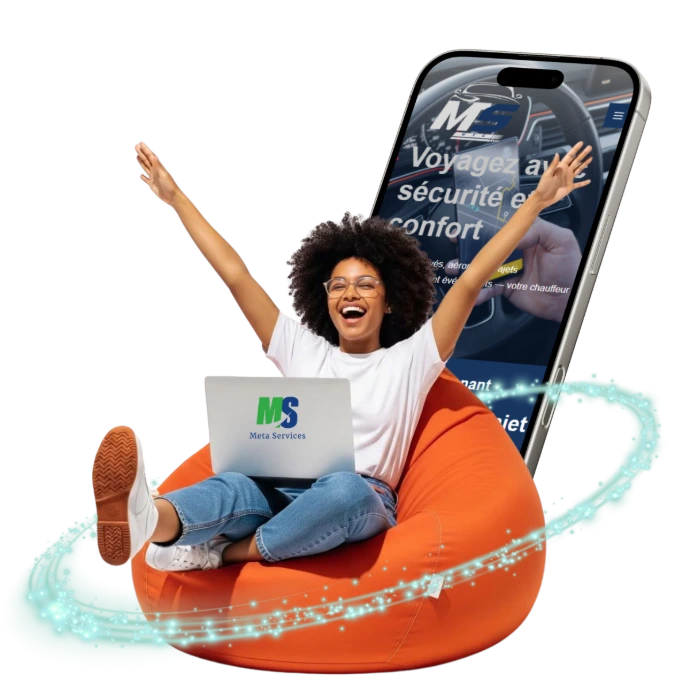 Entrepreneuse heureuse après la création de son site web de taxi & VTC avec module de réservation en ligne