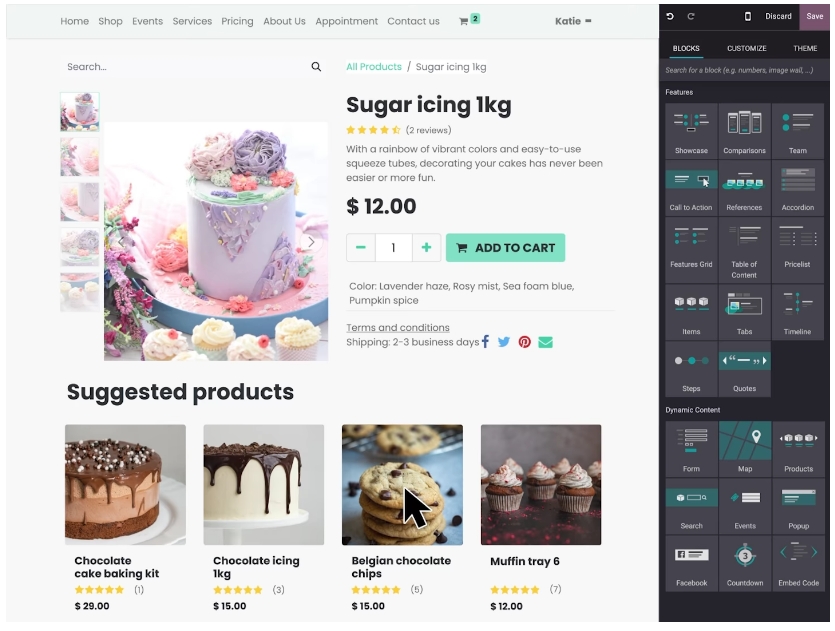 Interface de création de site web Odoo montrant la personnalisation facile d'une boutique en ligne par glisser-déposer de blocs de contenu