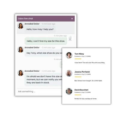 Widget de chat en direct Odoo intégré sur un site web, permettant une assistance client instantanée et la conversion de visiteurs en pistes commerciales